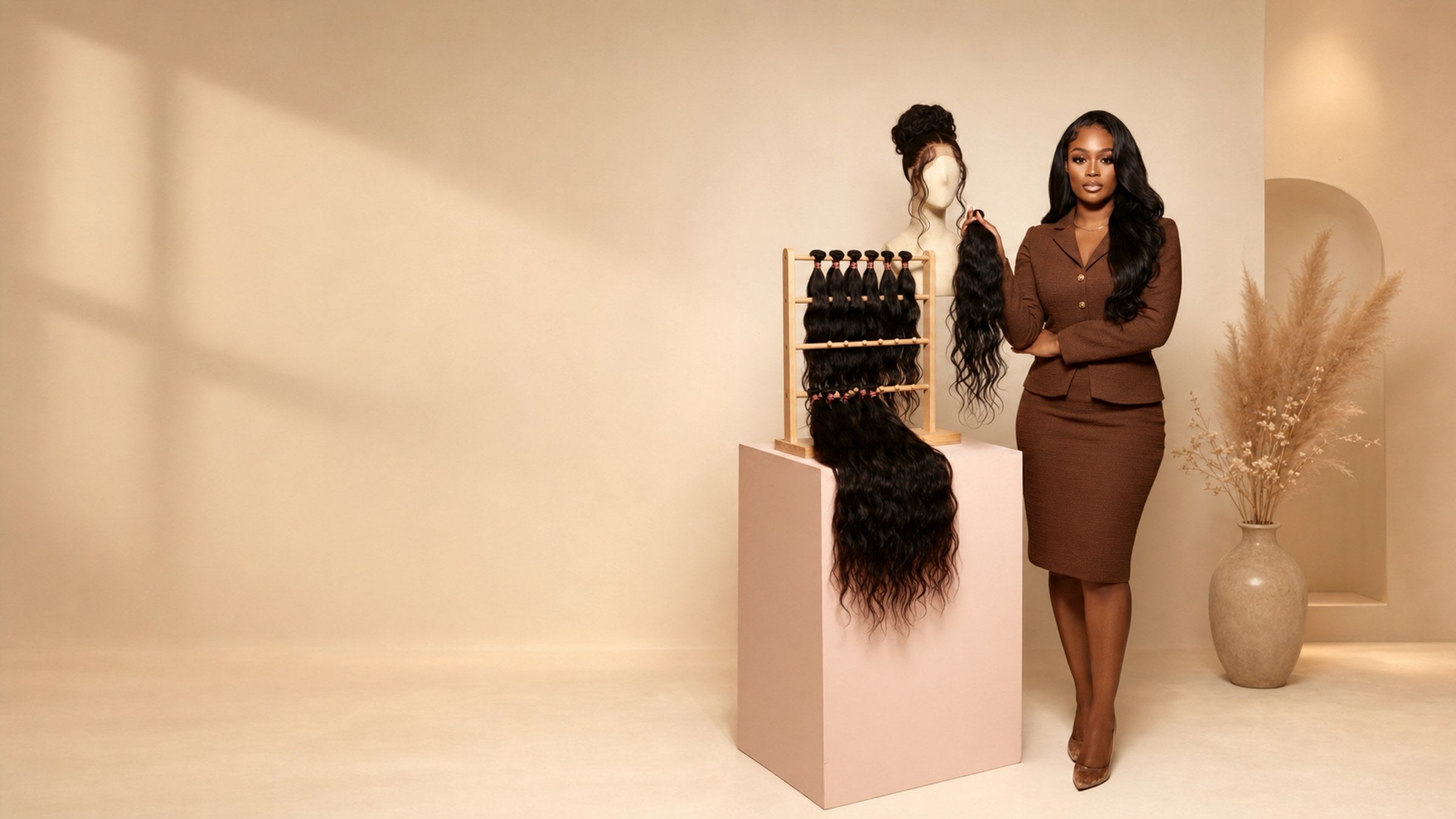ShapedWigs founder with premium wig display